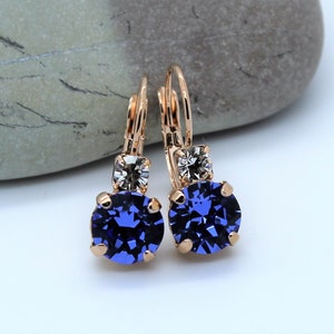 Leverback Earrings made with Sapphire and Clear Swarovski Crystal Elements Chose a Finish
