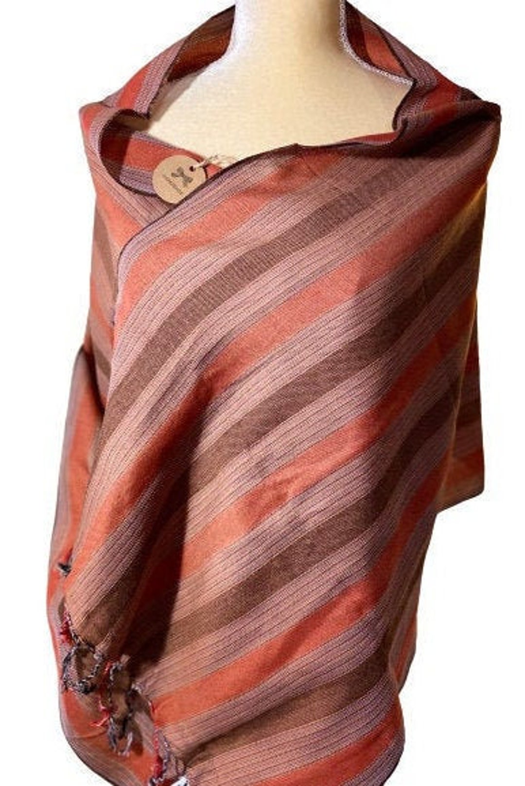 Handmade Organic Egyptian Cotton Linen Brown Sienna Stripes Scarf Woven