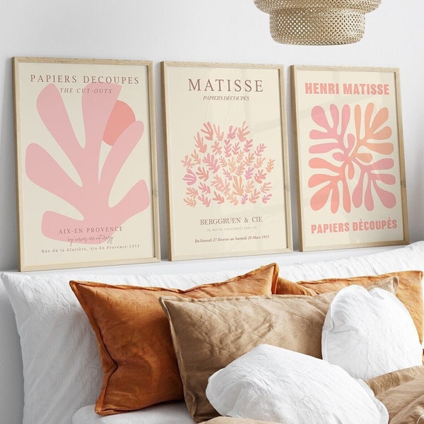 set van 3 kunstafdrukken, Matisse print digitale download roze oranje galerijmuurset, 3-delige muurkunstset, Matisse poster afdrukbaar, roze decor