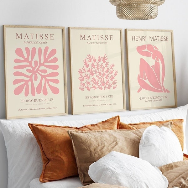 pink Matisse print set of 3 printable digital download poster, pink aesthetic posters room decor boho prints, pink wall art, Henri Matisse