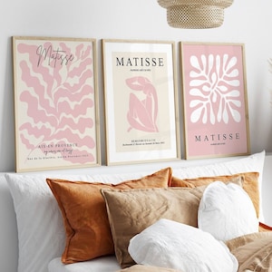 Conjunto de 3 impresiones de Matisse, póster rosa, galería danesa de arte mural en tonos pastel, arte imprimible minimalista de moda de mediados de siglo, conjunto de carteles de exposición