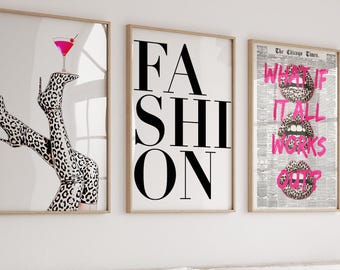 Y2K Preppy Wall Art Set: Pink Fashion, Leopard Lips (Digital Download)