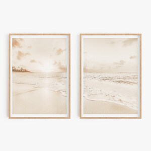 Decoración bohemia costera, juego de 2 impresiones de arte de pared en color beige bronce melocotón, juego de 2 impresiones de playa, guardería, impresión del océano, decoración tropical, arte costero