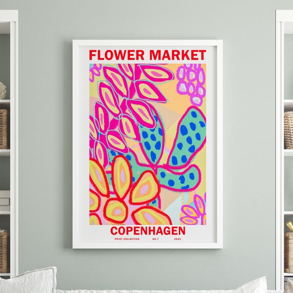 cartel del mercado de flores vibrante color brillante arte de la pared colorido neón caliente rosa amarillo azul flor moderna estampados florales imprimible descargar impresión