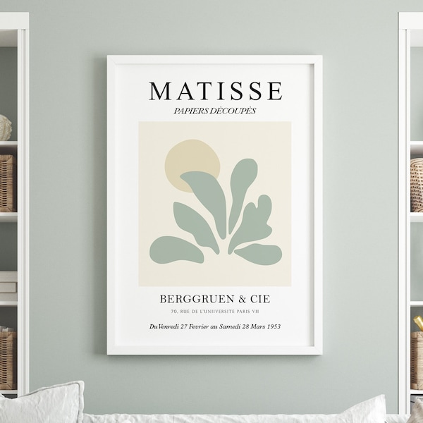 Matisse print download exhibition poster vintage leaf print wall art print mid century modern decor, Henri Matisse sage green gold original