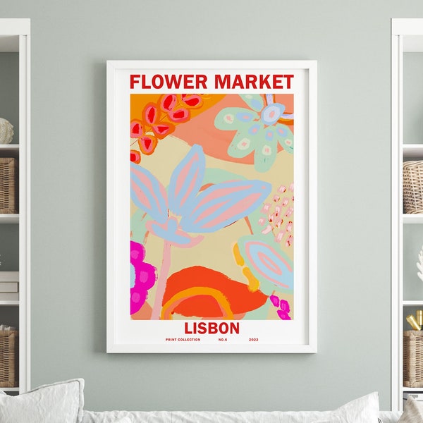 flower market poster maximalist decor bright floral wall art orange pink digital download printable prints florist gift flower bright color