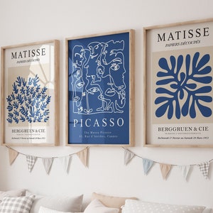 Juego de 3 impresiones de Matisse, arte de pared en azul real, carteles de moda imprimibles con dibujos de líneas de Picasso de exposición abstracta, pared de galería en azul marino índigo