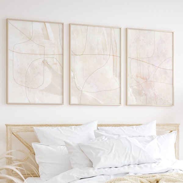 set di arte da parete galleria astratta beige di 3 stampe nordiche neutre semplice moderno minimalista minimal pastello arredamento boho pennellate pittura