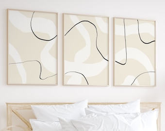 Abstract Brush Stroke Art Prints: Beige & Black Minimalist Decor (Set of 3) (Printable Download)