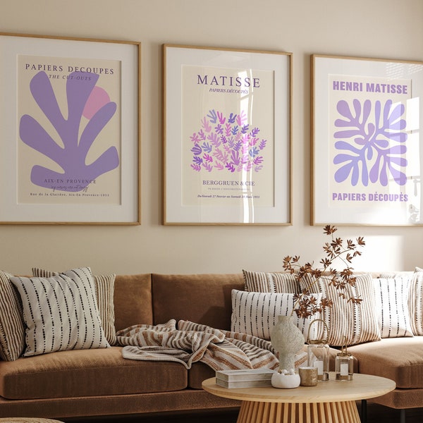 set of 3 art prints, Matisse print digital download purple pink blue lilac decor, gallery wall set Matisse poster printable, pastel wall art