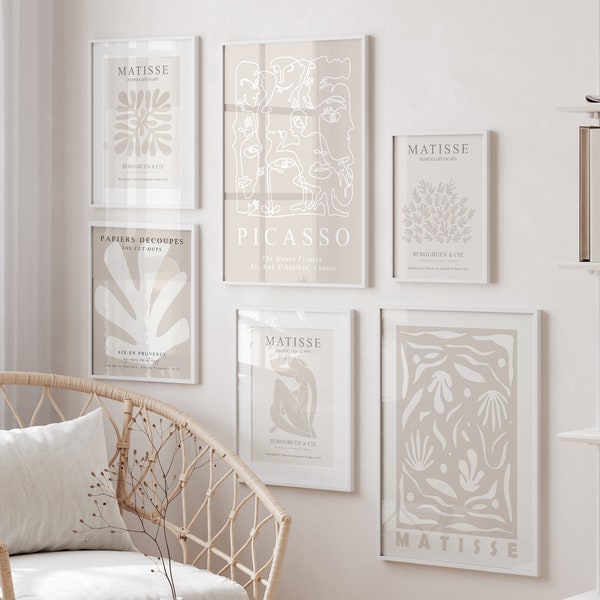 boho neutral gallery wall set of 6 wall prints, Matisse neutral wall art, Matisse gallery wall digital prints beige grey gray, boho wall art