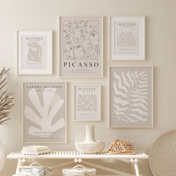 neutral gallery wall set of 6 prints, gray beige boho decor, neutral print set, mid century Matisse poster set exhibition Picasso line art