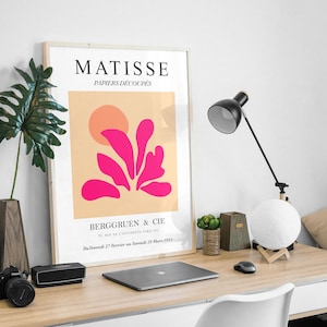 Póster de descarga de decoración de dormitorio preppy con estampado de Matisse, color rosa intenso y naranja brillante, arte de pared colorido, minimalista, estampado maximalista, decoración de dopamina
