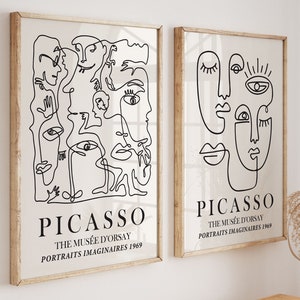 pôster de museu de arte de linha bege, conjunto de 2 estampas neutras, impressões digitais de parede de galeria, arte de parede neutra de Picasso, decoração boho, tendência abstrata