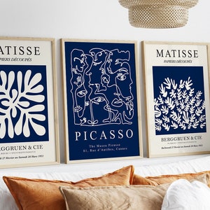 Matisse print set of 3 indigo blue wall art, abstract exhibition Picasso line drawing printable trendy posters, navy blue gallery wall set