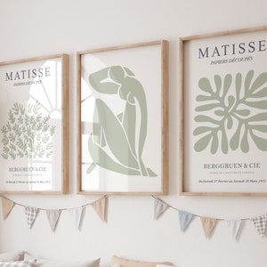 Juego de 3 impresiones de Matisse, arte de pared verde salvia, impresión de exhibición, arte imprimible, juego de 3 impresiones de galería de póster minimalista de moda