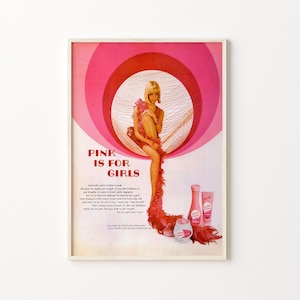 Anuncios de los años 60, arte mural retro, anuncios de belleza vintage, anuncios de revistas antiguas, arte imprimible, revista de los años 60, rosa y rojo, decoración de dormitorios para chicas universitarias.
