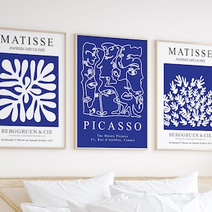 Matisse print 3er Set königsblaue Wandkunst, abstrakte Ausstellung Picasso Linie Zeichnung druckbare trendige Poster, Kobalt Marine Blau Galeriewand
