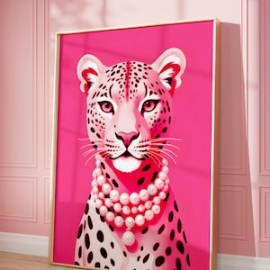 May include: A pink leopard with black spots wearing a pearl necklace against a hot pink background.