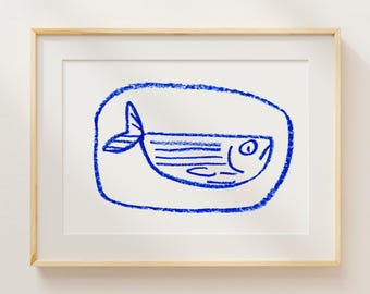 DOWNLOADABLE - Fisherman Core Sardine Printable – Cobalt Blue Coastal Art – Al Fresco Kitchen Decor – Mediterranean Wall Style – Fish No. 2