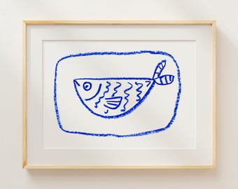 DOWNLOADABLE - Fisherman Core Sardine Printable – Cobalt Blue Coastal Art – Al Fresco Kitchen Decor – Mediterranean Wall Style – Fish No. 10