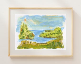 Lake Scribbles No. 1 – Lake Superior Landscape Art Print | Gouache & Pastel Giclée | Nature Wall Art | Lake Scene Decor | Outdoor Art