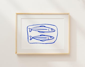 Sardine Coastal Art Print | Grecian Kitchen Wall Decor | Blue Fish Giclée | Unframed Fine Art | Thoughtful Housewarming Gift | No. 11