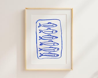 Cobalt Blue Sardines Art Print | Coastal Kitchen Wall Decor | Grecian Giclée | Unframed Fine Art | Housewarming Gift Idea | No. 3