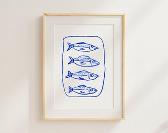 Mediterranean Fish Art Print | Sardines Wall Decor in Cobalt Blue | Unframed Giclée Kitchen Print | Unique Housewarming Gift | No. 9
