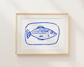 Cobalt Fish Wall Print | Sardine-Inspired Giclée | Grecian Kitchen or Dining Room Art | Unframed Coastal Gift Idea | No. 1