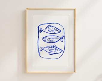 Cobalt Blue Sardines Art Print | Coastal Kitchen Wall Decor | Grecian Giclée | Unframed Fine Art | Housewarming Gift Idea | No. 5