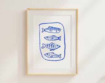 Blue Sardines Print | Unframed Coastal Wall Art | Grecian Style Kitchen Decor | Giclée on Cold Press Paper | Housewarming Gift | No. 6