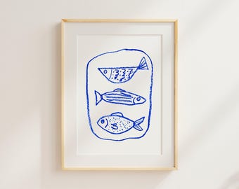 Sardines Wall Art Print | Cobalt Blue Fish Kitchen Decor | Grecian Giclée Print | Unframed Fine Art | Unique Housewarming Gift | No. 7