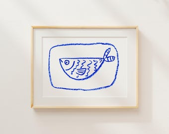 Blue Sardine Print | Unframed Coastal Wall Art | Grecian Style Kitchen Decor | Giclée on Cold Press Paper | Housewarming Gift | No. 10