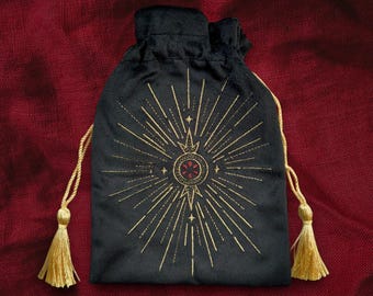 Asphodelon Tarot Embroidered Velvet Black Drawstring Bag Pouch - Persephone, Pomegranate, Altar