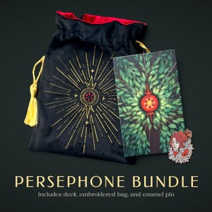 May include: A black velvet drawstring bag with gold embroidery, a rectangular deck of cards featuring a green leaf pattern and a central red pomegranate, and an enamel pin of a person with red hair surrounded by white flowers, labelled PERSEPHONE BUNDLE.