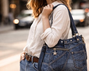 May include: A blue denim handbag with multiple pockets and a star-shaped charm. The bag has a shoulder strap and a zip closure. The bag is made of denim and has a brown leather belt.