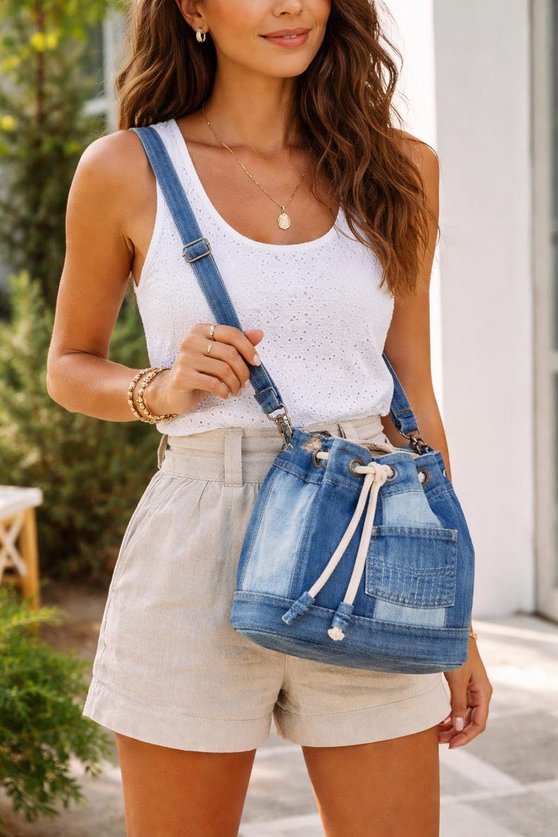 May include: A denim bucket bag with a drawstring closure and a denim shoulder strap. The bag has a patchwork design with various shades of blue denim. The bag is paired with a white vest top and beige shorts.