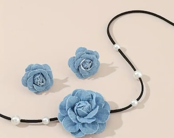 Pink Denim Choker and Earrings Set
