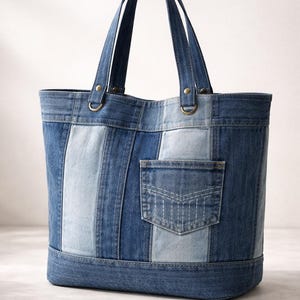 Puede incluir: Un bolso tote de mezclilla con un diseño de patchwork. El bolso tiene un bolsillo frontal y asas resistentes. El bolso está hecho de varios tonos de mezclilla azul y mide aproximadamente 38 cm de alto, 36 cm de ancho y 13 cm de profundidad.