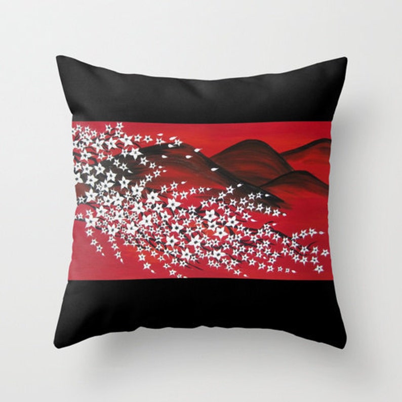 Red Black White Japan Japanese Cherry Blossom Throw Pillow Etsy