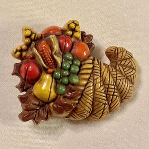 Spilla vintage Hallmark Horn of Plenty Cornucopia del Ringraziamento del 1986
