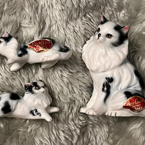 1960s Vintage Napco Black and White Porcelain Angora Mother Cat Kitten Set Realistic Bone China Figurines Original Labels
