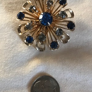 1950s Vintage Gold Blue Sapphire Filigree Flower Brooch Estate Pin September Birthstone