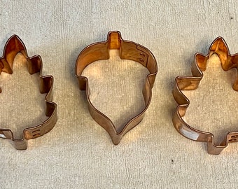 Set of 3 Vintage Heavy Duty Copper Fall Cookie Cutters Crate and Barrel 2 Oak Leaves Acorn