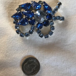 1950s Vintage Sapphire Blue Rhinestone Bow Silver Brooch Pin September Birthday