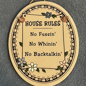vintage Trinity Pottery plaque "House Rules" No Fussin' No Whini' No Backtalkin' Handmade in Rice Lake Wisconsin