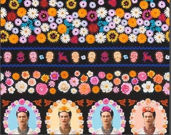 Frida Kahlo Border Print Fabric, Black Background Flowers, Birds, Deer, Sugar Skulls, Floral 100 percent Cotton Fabric Robert Kaufman