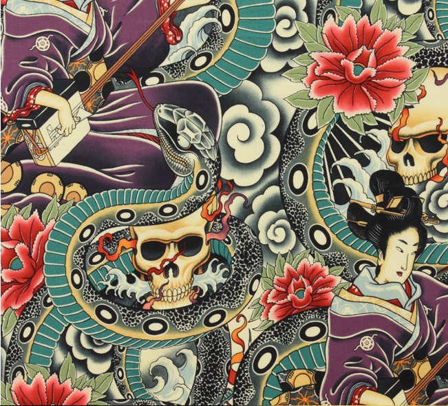 Zen Charmer 100% Cotton Fabric, Tattoo by Alexander Henry / Asian The…