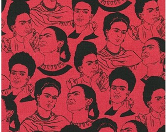 Frida Kahlo Red Background Many Faces of Frida -  100 percent Cotton Fabric